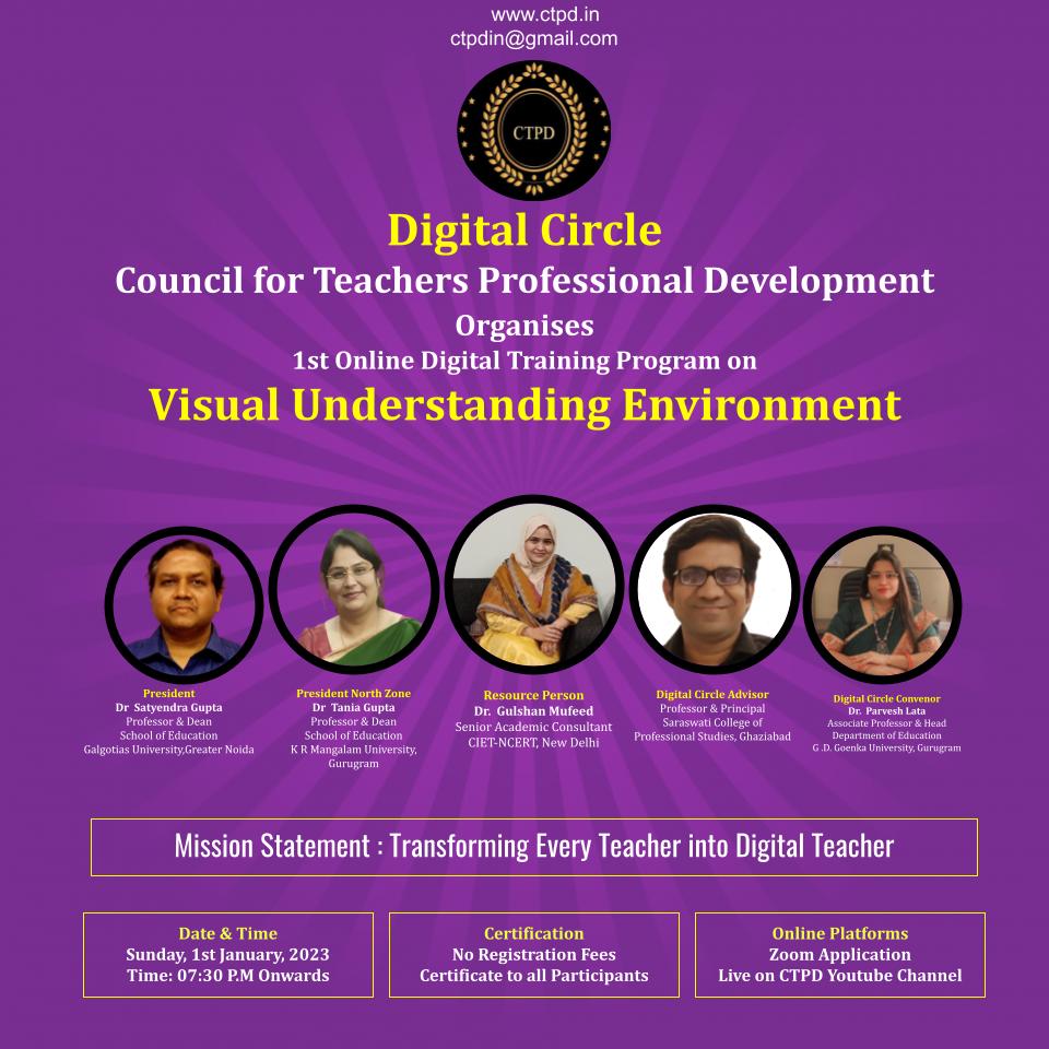 ctpdin's tweet image. DIGITAL CIRCLE of CTPD  (Council for Teachers Professional Development) organises 1st Online Digital Training Programme on VISUAL UNDERSTANDING ENVIRONMENT on 1st. Jan (Sunday) 2023 
Time: 7:30 pm Onwards chat.whatsapp.com/LGJDaltCz9r0sS…

#CTPD #CTPDIndia #digitalcircle #NationalLevel