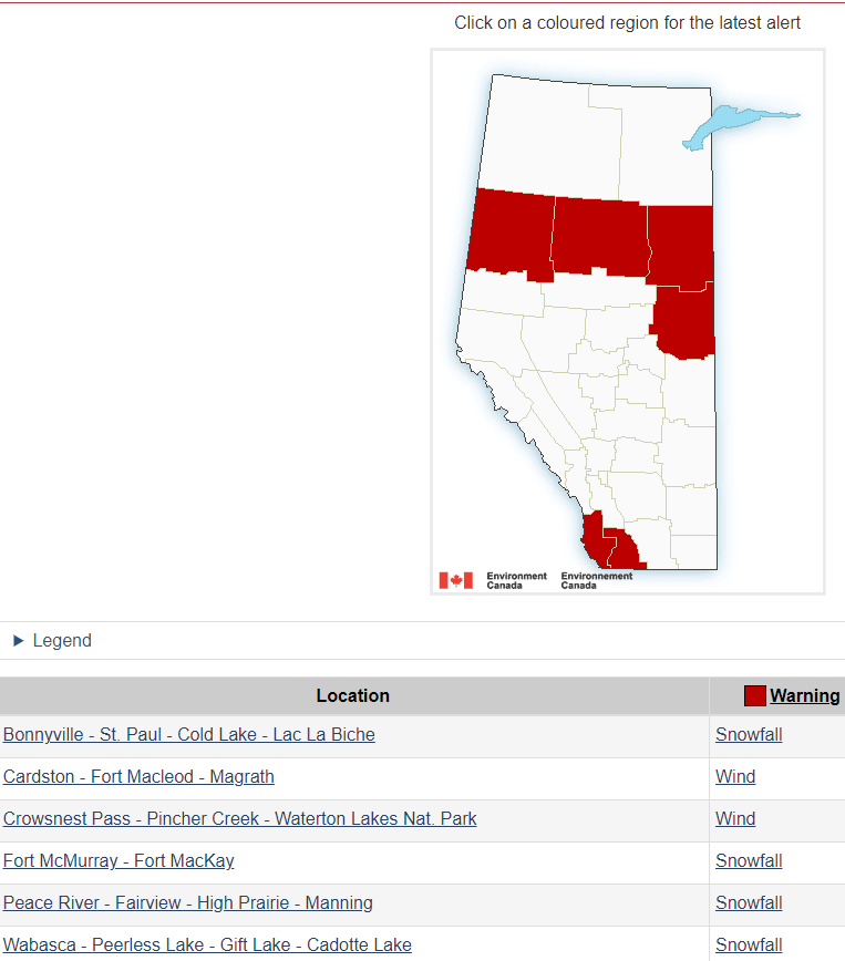 511Alberta's tweet photo. ECCC snowfall warning for forecast areas. For location details: https://t.co/V25Y6bgbnS (5:13am) #ABRoads #ABSorm https://t.co/iUygfIdwH0