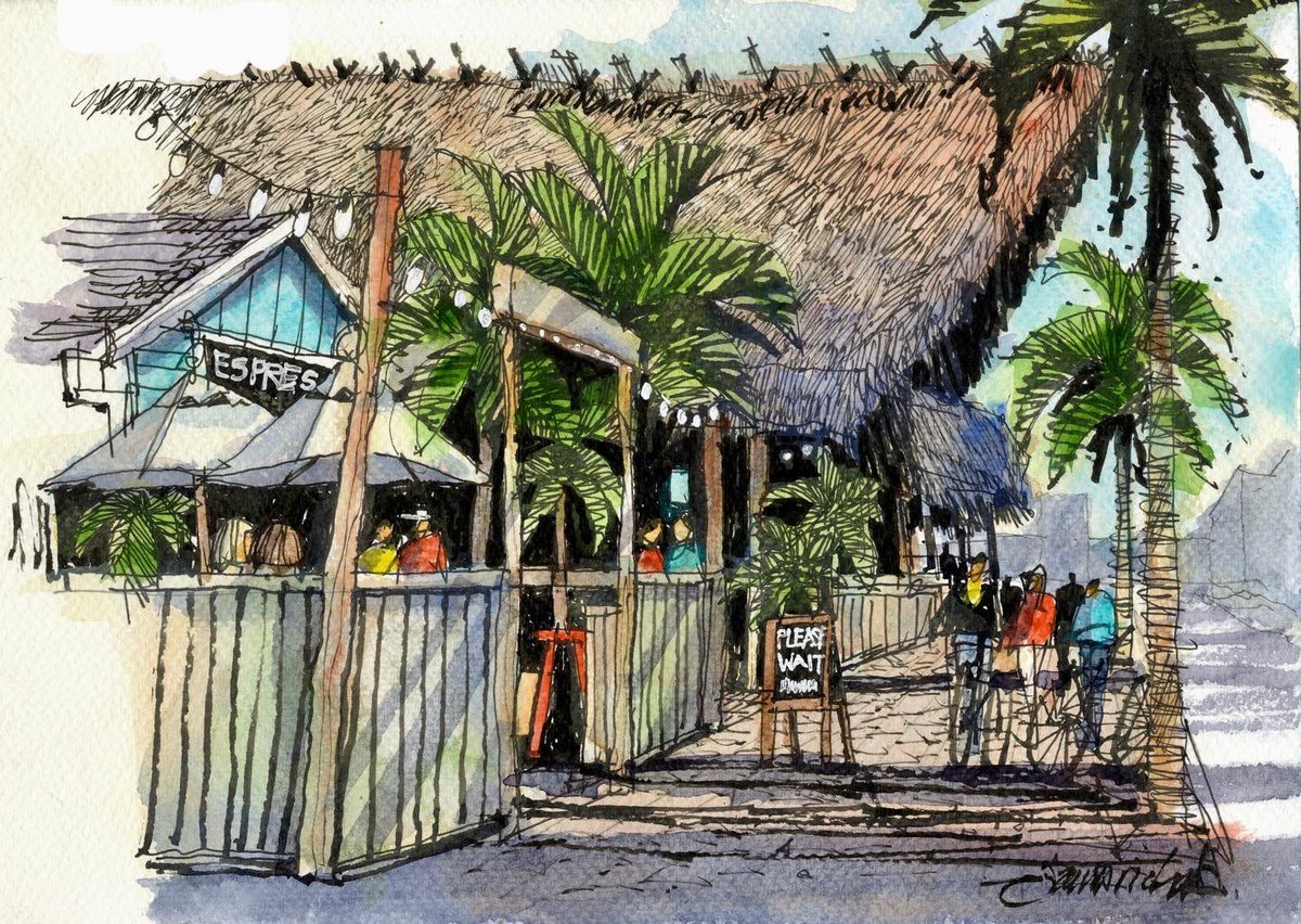 The weather was nice enough a few days ago to park myself on a bench in front of Mojo Risin’ Coffee in Siesta Key Village and do an ink and wash sketch of the view from the sidewalk.
