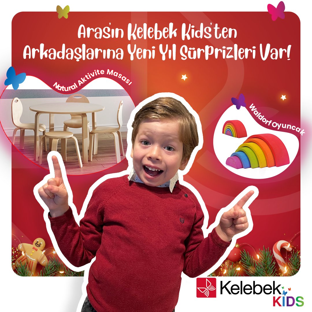 Kelebek Kids'in 1 adet Natural Aktivite Masası ve 3 adet Waldorf Oyuncağı, Aras'tan arkadaşlarına yeni yıl hediyesi! 🥳 
Çekilişimiz için hemen; 
📌<a href="/kelebekmobilya/">Kelebek Mobilya</a> 'yı takip edin,
📌Bu ve son 5 gönderiyi beğenip, RT edin,
📌En az 2 arkadaşınızı etiketleyin!
📌Son Gün 31 Aralık