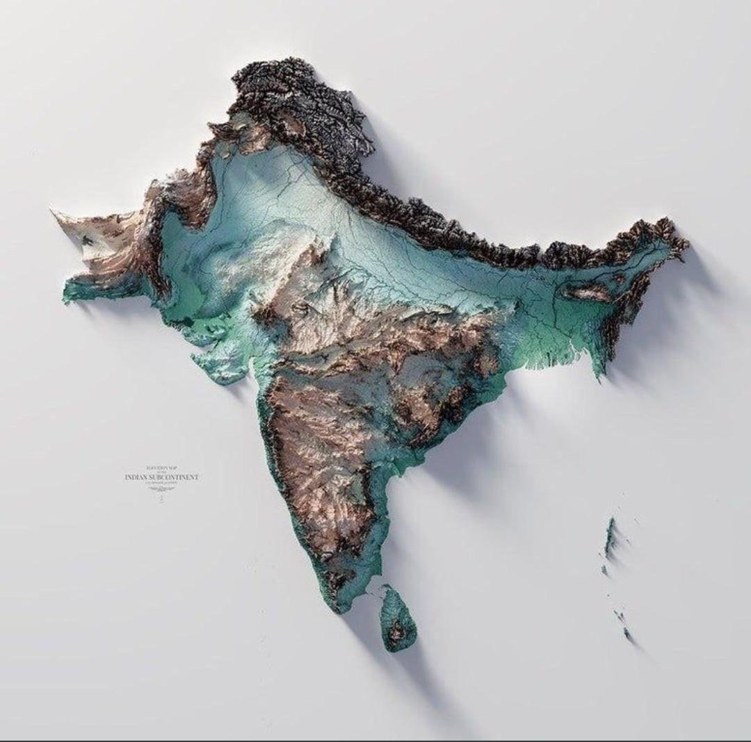 waitbutwhy's tweet image. Exaggerated relief maps do a good job of explaining India's crazy population density map.