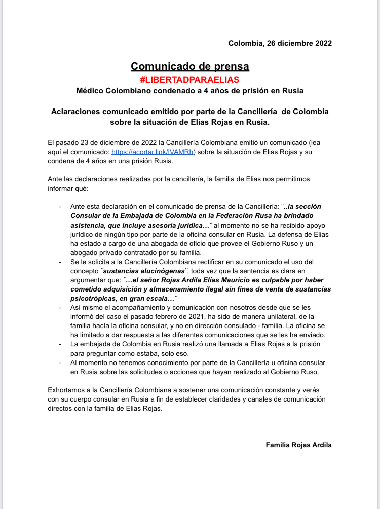 Aaroncol's tweet image. #DIFUNDIR
Comunicado de Prensa caso Elias Rojas. 26 dic 2022.  
#LIBERTADPARAELIAS Médico Colombiano preso en Rusia. 

Respuesta a la declaración realizada por la @CancilleriaCol en días pasados.

Att: Familia Rojas Ardila.
@petrogustavo @FranciaMarquezM @ONUHumanRights