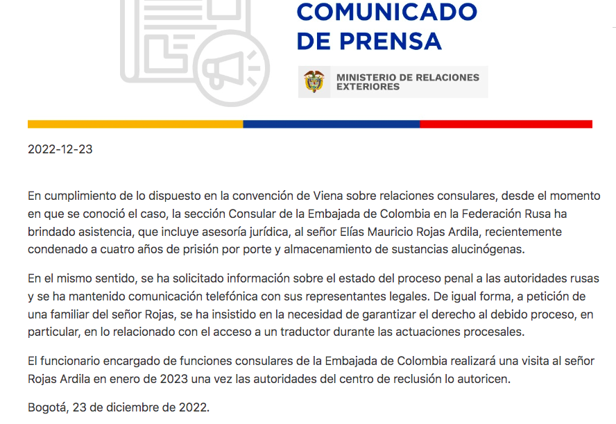 Aaroncol's tweet image. #DIFUNDIR
Comunicado de Prensa caso Elias Rojas. 26 dic 2022.  
#LIBERTADPARAELIAS Médico Colombiano preso en Rusia. 

Respuesta a la declaración realizada por la @CancilleriaCol en días pasados.

Att: Familia Rojas Ardila.
@petrogustavo @FranciaMarquezM @ONUHumanRights