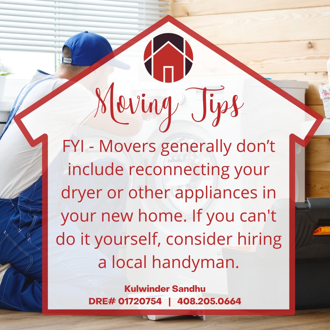 KulwinderRE's tweet image. #MondayMovingTip - sometimes the small details get missed when you're moving. Be sure to ask your movers if they will reconnect your appliances at the new home. If not, consider hiring a handy man to help you. Contact me if you want referrals.