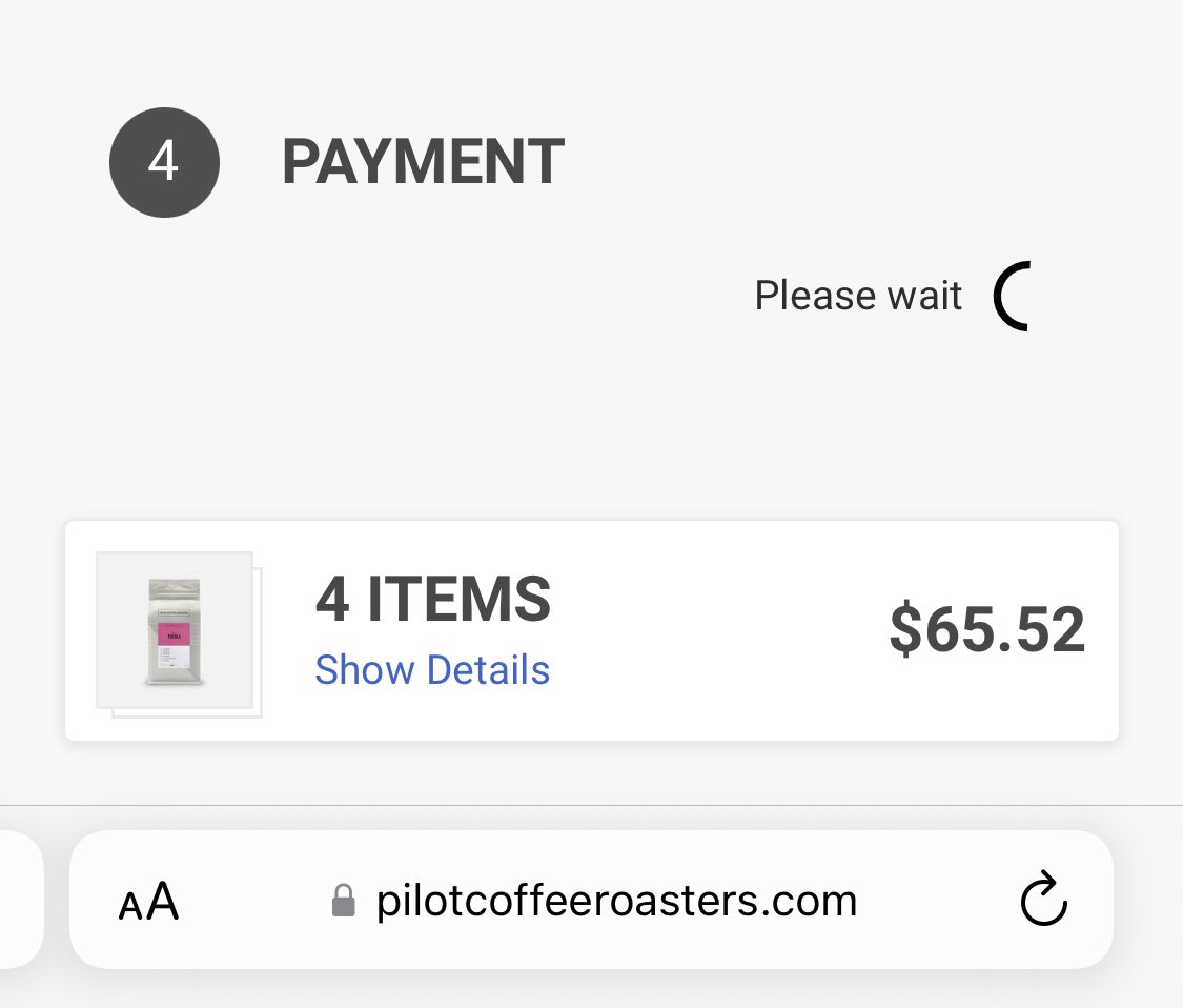 vahek9's tweet photo. Hey @PilotCoffee, your checkout doesn’t work. I’ve been trying to buy some coffee since yesterday, but getting this spinner. Maybe consider switching to @Shopify? https://t.co/Pxwu2Q9SmI