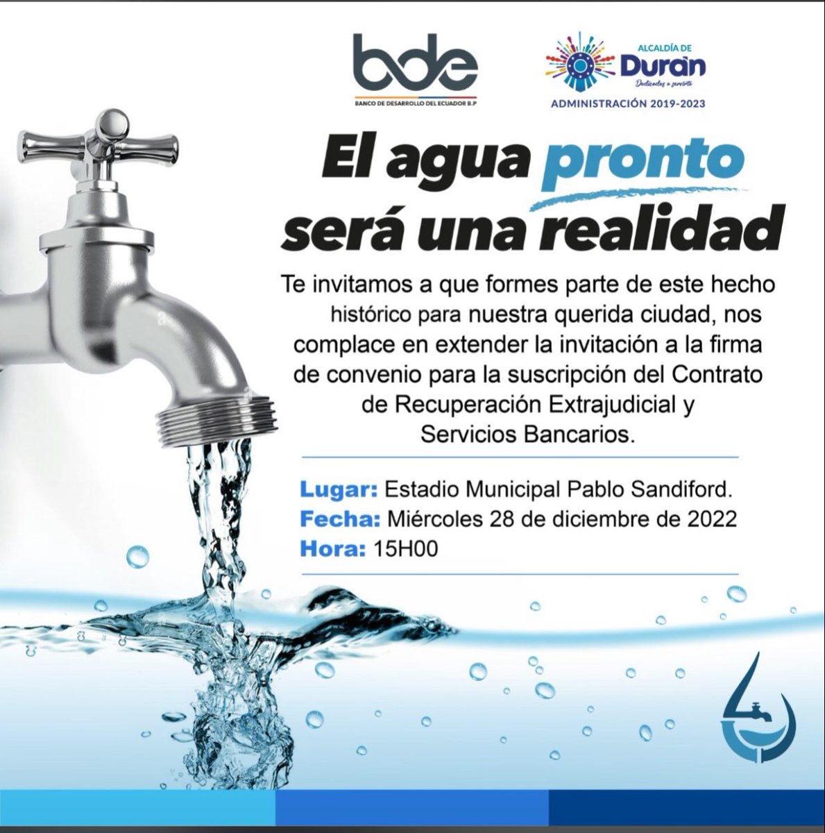 Duraneños, los invito el miércoles 28 de diciembre a las 15H00 al estadio Pablo Sandiford para la firma del convenio para la suscripción del contrato de recuperación extrajudicial últ servicios bancarios entre @DuranGad y <a href="/BDEcuadorBP/">Banco de Desarrollo del Ecuador B.P.</a>
