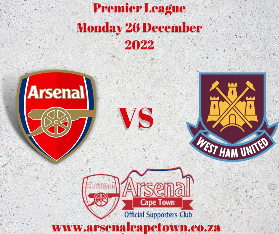Get ready for some soccer action, Arsenal fans! The Gunners are hosting West Ham for a London derby on Boxing Day, and they're hoping to score big in their chase for the Premier League title. 

 And don't forget to visit arsenalcapetown.co.za to put in your score predictions.
