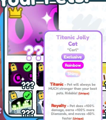 AlsahidB's tweet photo. Selling Huge TITANIC Jolly Cat
Rainbow 
Shiny
Royalty 

Payment only PayPal or gcash
Just dm for you’re price
#PetSimulatorX #petsimulatorxtrading #adoptmetrading #Adoptmetrade #AdoptMePets https://t.co/YQVVGVAcA6
