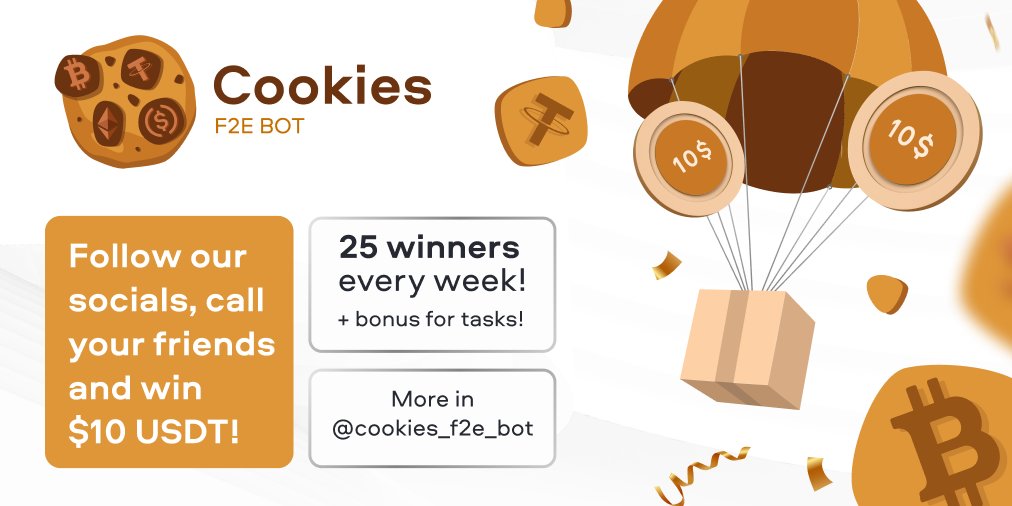 🔥🍪#Contests Begin!
It's a new week &amp; we're launching a new contest! Or should we say 2 at once! Like❤️?
Go ➡️t.me/cookies_f2e_bot
📆Due date: Friday, Dec. 30
🏆50 winners: 25 TOP referrals &amp; 25 random chosen participants for Twitter activities
💸$10 reward each

Stay tuned!