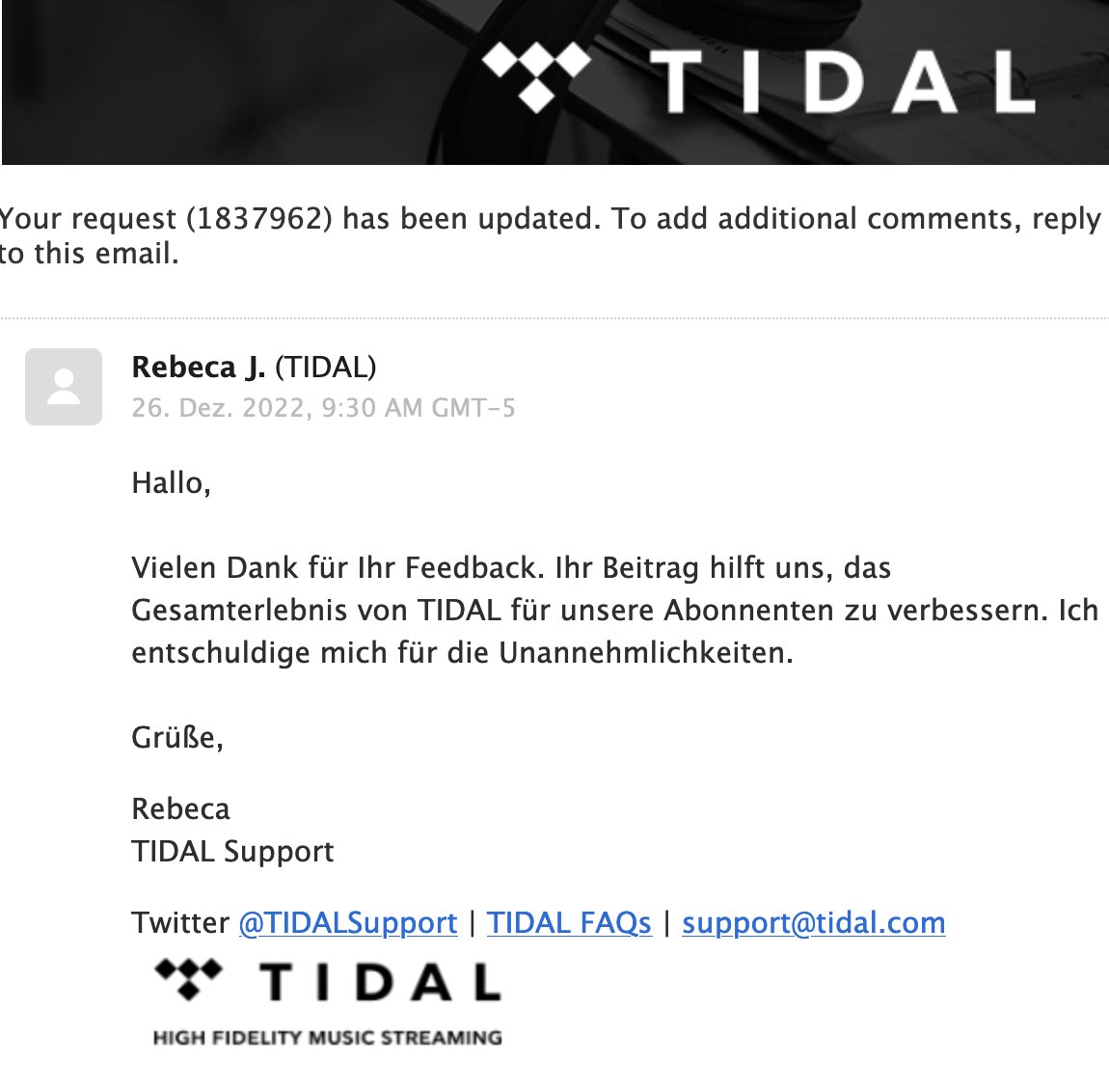 Mein #Tidal hat zu Weihnachten nicht funktioniert. Für den <a href="/TIDALSupport/">Tidal Support</a> kein Problem. Naja, geht ich eben zu #Spotify