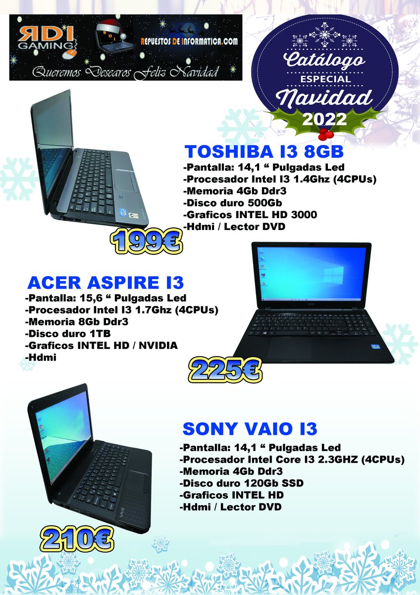 RDI2014's tweet photo. ¡Ya están aquí nuestras ofertas de navidad! Como todas las navidades os traemos nuestro catálogo de ordenadores reacondicionados con 1 año de garantía ¿te lo vas a perder? https://t.co/WK0mfgyIVk