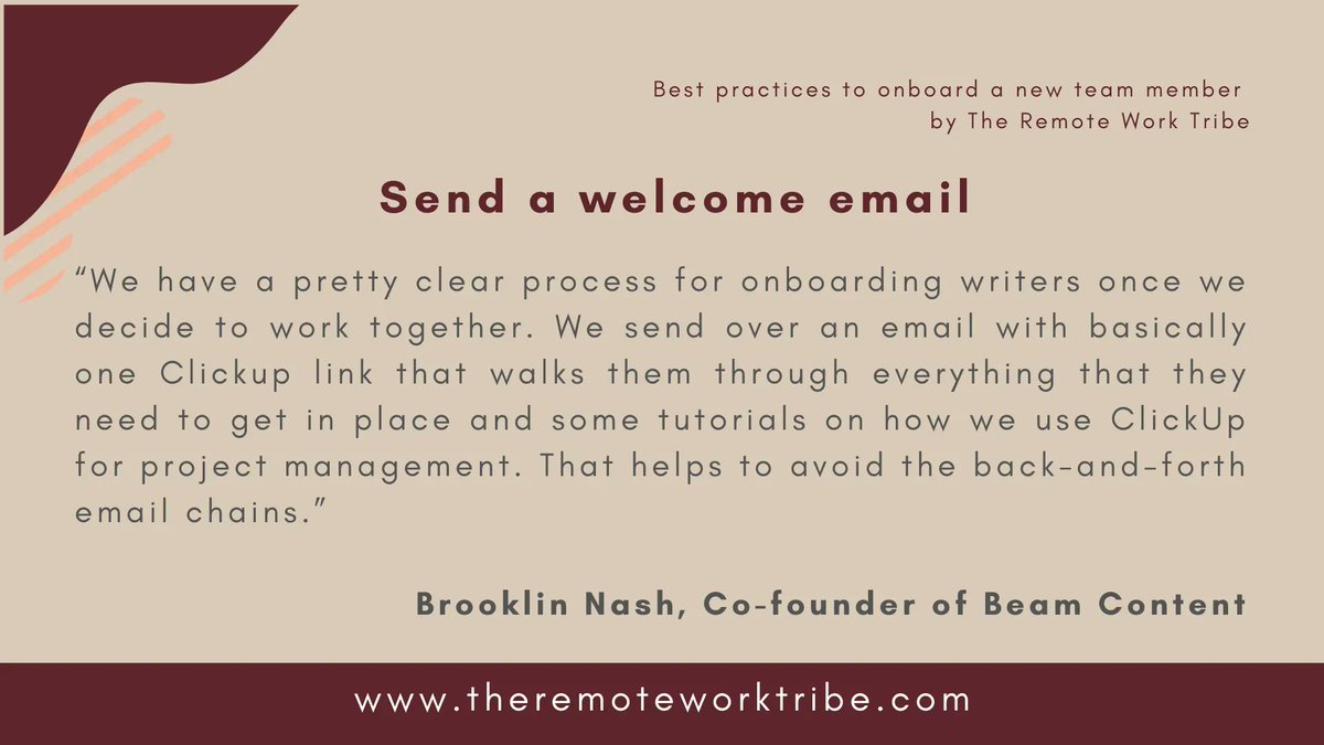 RemoteWorkTribe's tweet photo. 📝Apart from making new team members feel welcome, it’s important to give clear instructions from day one. This is what @realBrookNash does when onboarding new writers at @heybeamcontent
🎙️Listen to this #RemoteWorkTribe Podcast episode ➡️https://t.co/SmnKItQ8hg https://t.co/mrXxgp4mYR