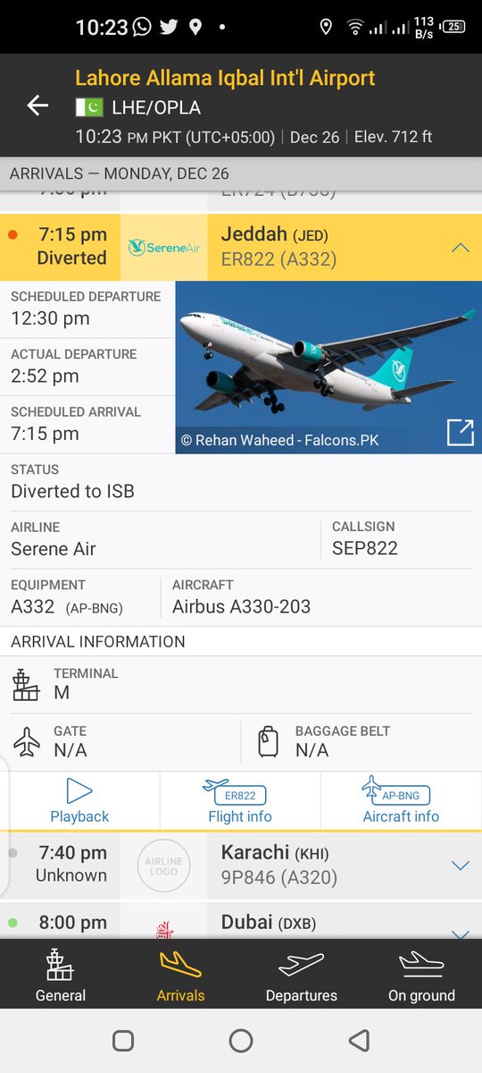 TahoorNaik's tweet photo. #Interesting #Observation at OPLA

#SereneAir #ER822 from #Jeddah to #lahore decided to redirect to #Islamabad took a chance to land at #OPLA but couldn't make it and moved on towards ISB due to #Fog 
#Uniqueflights #A330 https://t.co/V9NVRAvUZZ