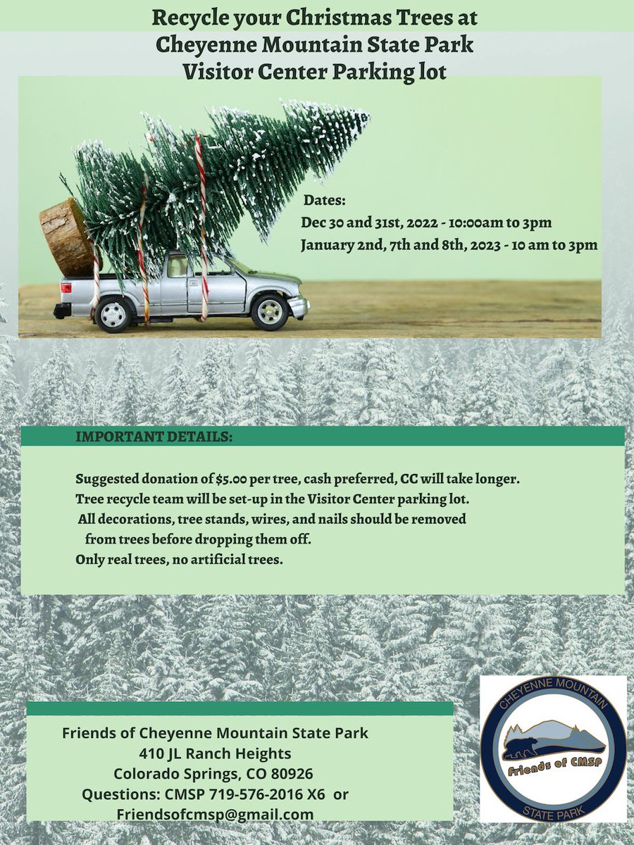 FriendsofCMSP's tweet image. Ready to clean up after Christmas? Don't trash your tree, recycle it! The Friends of Cheyenne Mountain State Park will collect your real Christmas tree and put it to good use! A $5 donation is suggested.   mailchi.mp/e562d5ef6708/r…