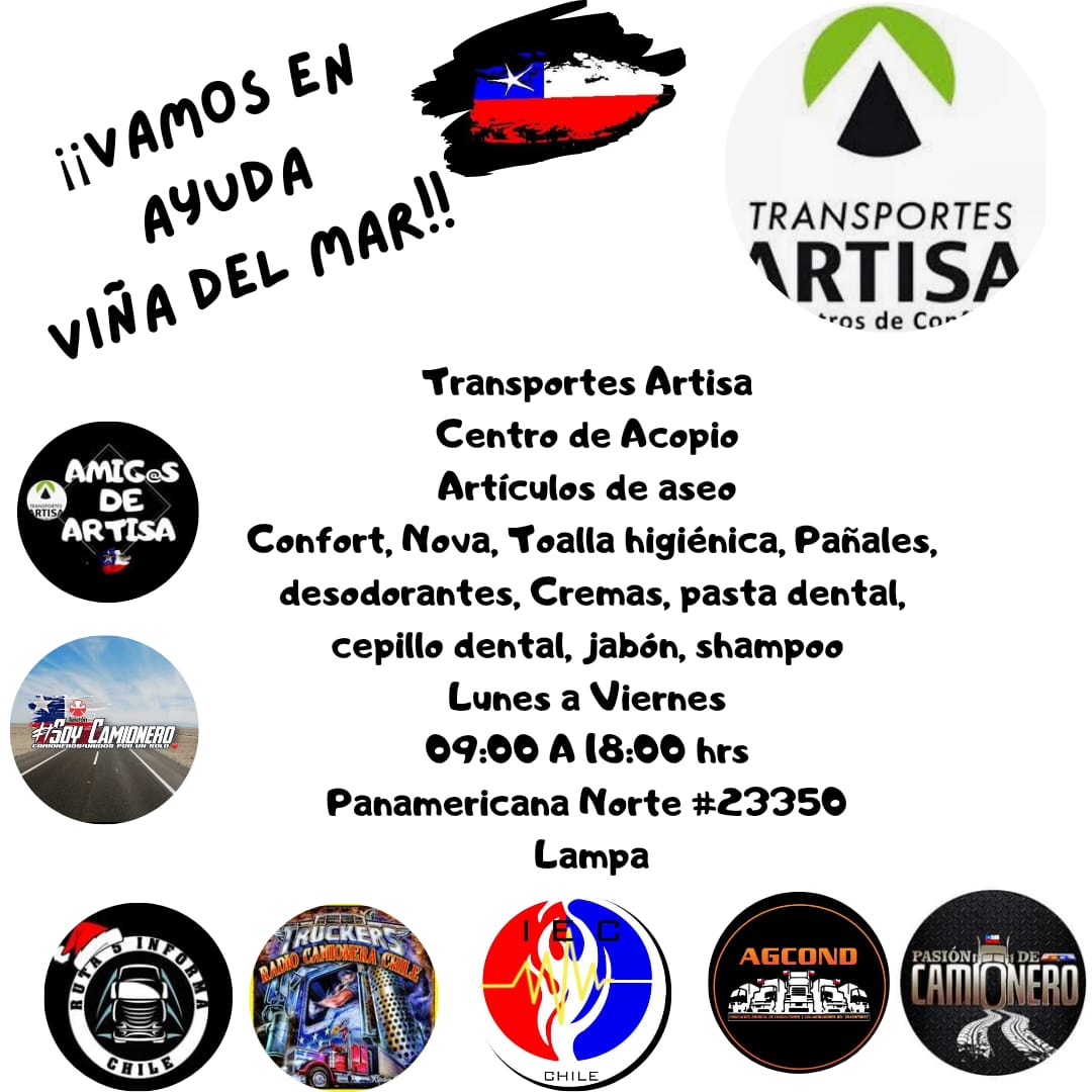 AGCOND_Chile's tweet photo. En transportes #Artisa estamos recibiendo Ayuda para los Damnificados en #ViñadelMar
ARTÍCULOS DE ASEO
EN GENERAL
Desde hoy 26 hasta el Viernes 30 de Diciembre
🚛♥️🇨🇱🇨🇱🇨🇱
Y NO OLVIDEN SI QUIEREN COOPERAR Y VEN UN CAMIÓN DE ARTISA EN CARRETERA PUEDEN ENTREGAR SU DONACIÓN... 💪💪💪 https://t.co/bSLcPKeBSK