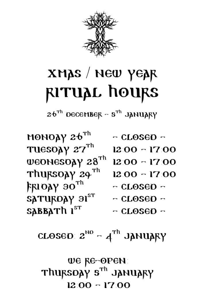 Boxing Day blessings to all you #HeavyMetal maniacs and #Wyrd spirits! 

Here are our ritual times for this coming fortnight 👇🏻 

We hope to see you again soon! 🤘🏻🤘🏻

#HeavyMetalCulture #HeavyMetalRecordShop #IndieRecordShop #IndieRecordStore #IndieBookShop #Vinyl #DarkEarth