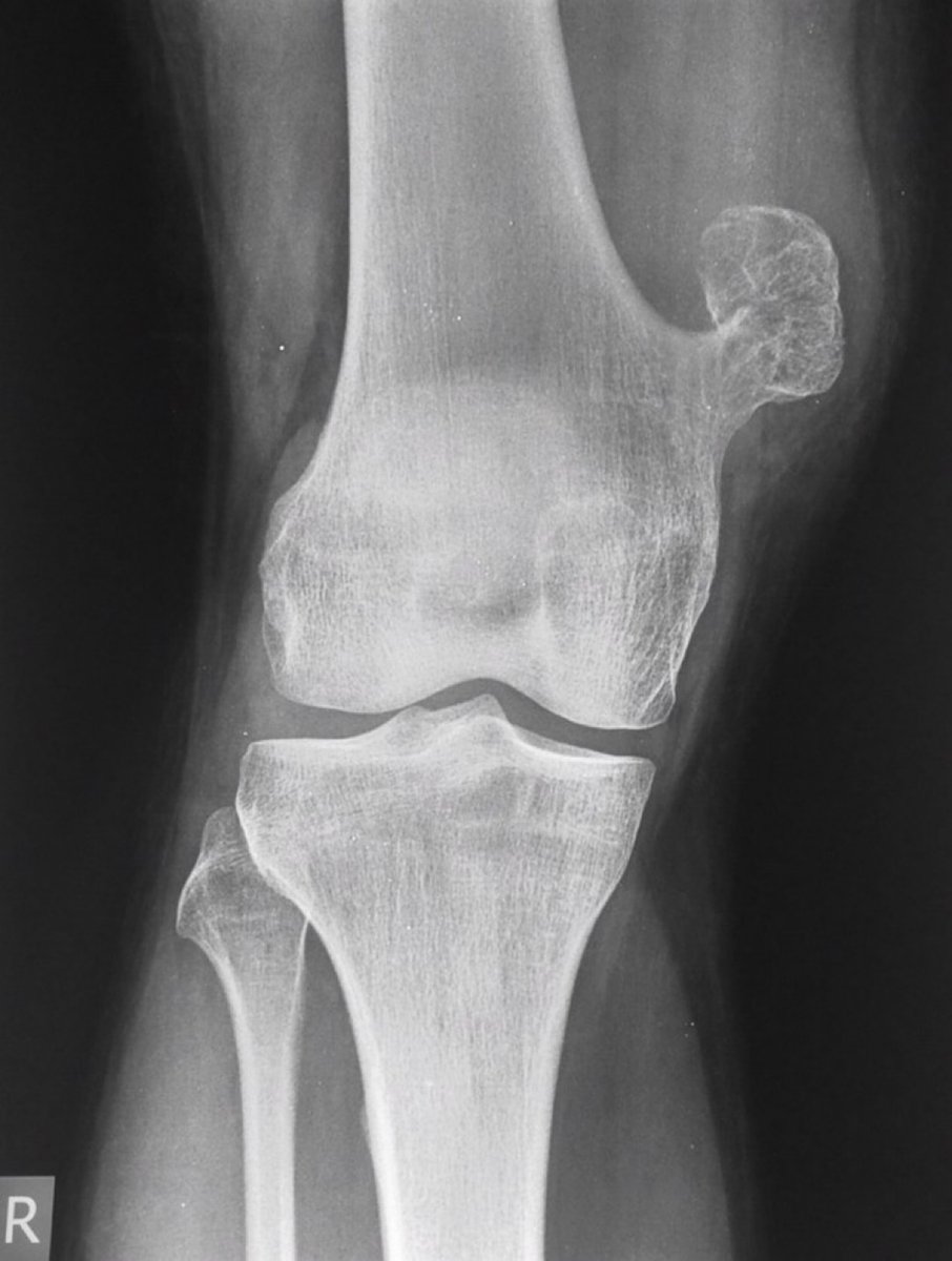 A 25 year old man presented with swelling in the lower thigh on the right side. What is the likely diagnosis? (Image <a href="/Radiopaedia/">Radiopaedia.org</a>, case by Dr Aditya Shetty) #Medtwitter
