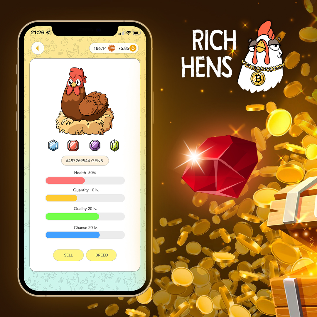 💎Rich Hens is your treasure! Each of the NFT hens has its own advantages and characteristics, which include quality, quantity, chance, performance and health. The main thing is to have time to collect eggs. 🙂 More details here: richhens.com