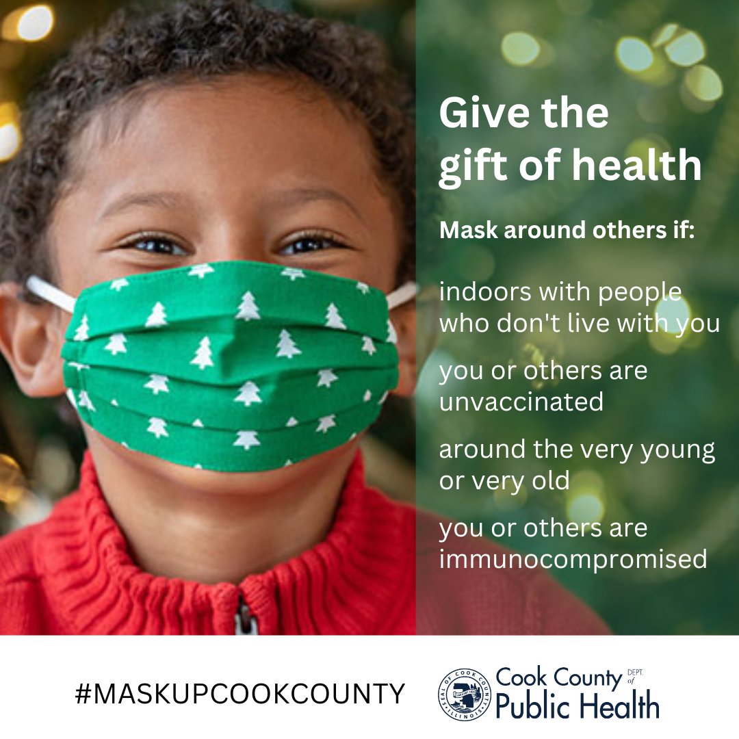 CookCoHealth's tweet photo. Wear a well-fitting KN95 or N95 mask when gathering indoors with others who may be at increased risk for severe COVID, flu or RSV illness, such as infants, seniors and people with chronic health conditions. Get other tips at https://t.co/fxIiO0ro7H.
#maskupcookcounty https://t.co/NEIYRKGPOw