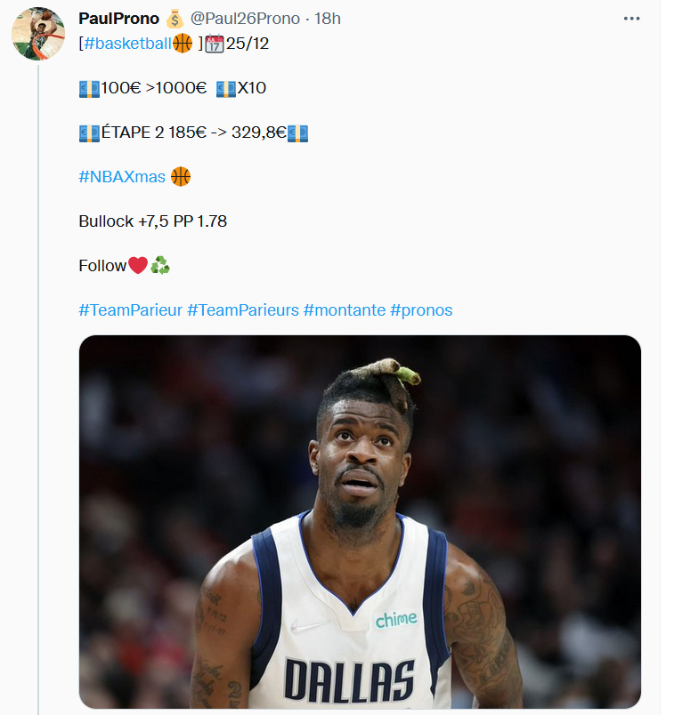 Paul26NBA's tweet photo. [#NBA🏀 ]📆25/12  

💶100€ >1000€  💶X10  

#NBAChristmasDay 💶:

Étape 1:  Harden +30,5 PP  100€ -> 185€
Etape 2:  Bullock +7,5 PP  185€ -> 329,8€
Etape 3:  Smart +9,5 RP 329,8€ -> 567,25€
Etape 4:  Jones +10,5 PP 567,25€ -> 1009,75€

Follow❤️♻️

#TeamParieur #montante https://t.co/Ad9Gr9HxkM