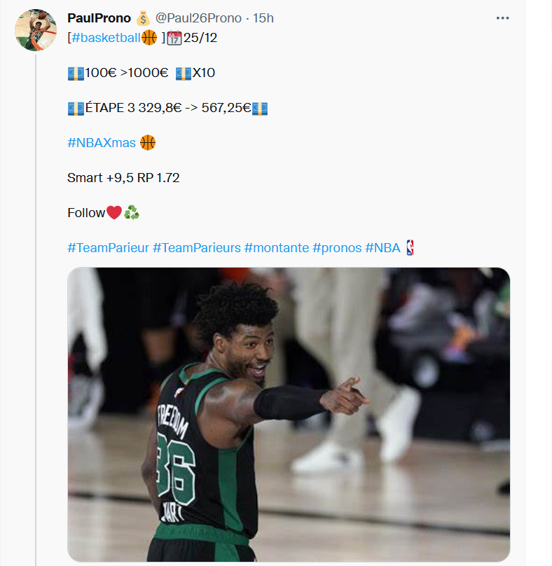 Paul26NBA's tweet photo. [#NBA🏀 ]📆25/12  

💶100€ >1000€  💶X10  

#NBAChristmasDay 💶:

Étape 1:  Harden +30,5 PP  100€ -> 185€
Etape 2:  Bullock +7,5 PP  185€ -> 329,8€
Etape 3:  Smart +9,5 RP 329,8€ -> 567,25€
Etape 4:  Jones +10,5 PP 567,25€ -> 1009,75€

Follow❤️♻️

#TeamParieur #montante https://t.co/Ad9Gr9HxkM
