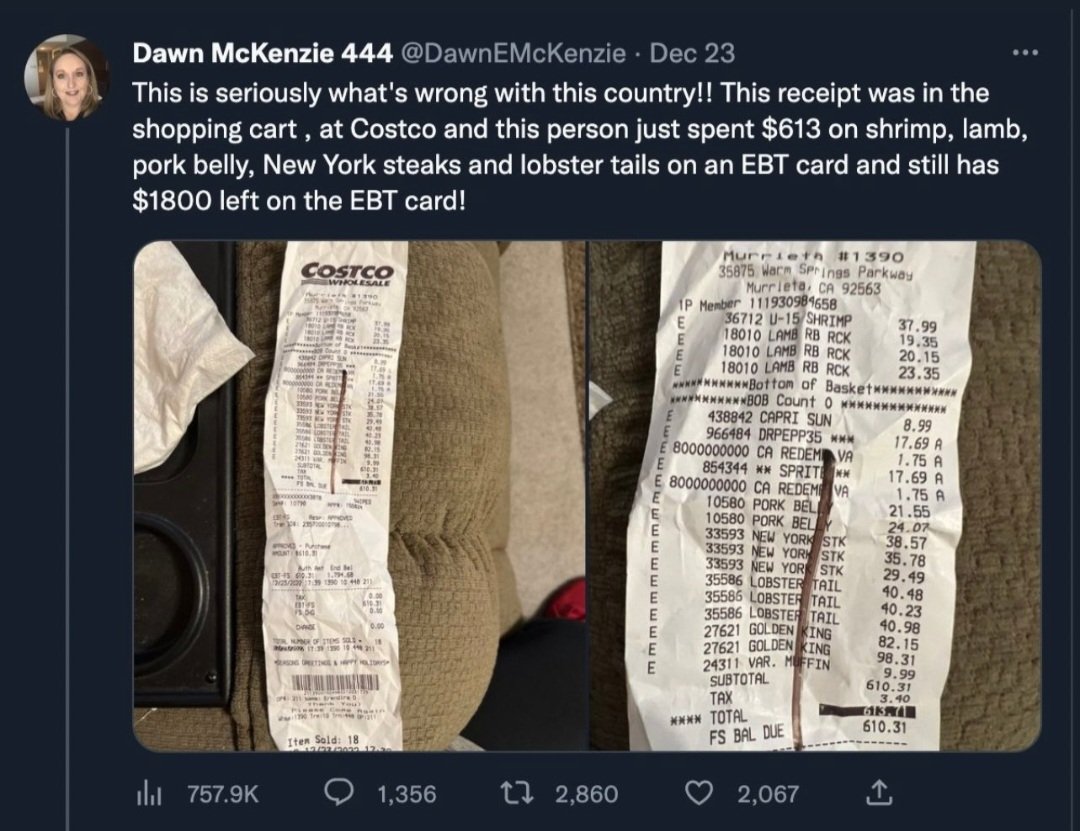 hotgayscientist's tweet image. "The Downfall of Dawn E. McKenzie: a Tragi-Comedy in Five Parts":
1. Meet gender-critical conservative white woman @DawnEMcKenzie
2. She complained that a receipt she "found" at CostCo spent $600 on luxury food using an EBT card, with $1800, taking advantage of taxpayers.