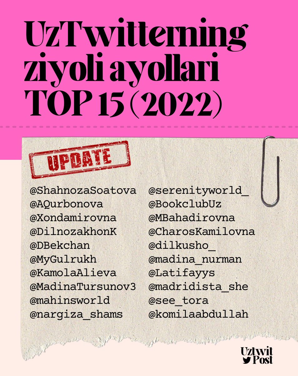 UPDATED:
<a href="/ShahnozaSoatova/">Shahnoza</a>
<a href="/AQurbonova/">AZiza</a>
<a href="/Xondamirovna/">Xondamirovna</a>
@DilnozakhonK
<a href="/DBekchan/">Dono Bekchan</a>
<a href="/MyGulrukh/">Gulrukh Sadullayeva</a>
<a href="/KamolaAlieva/">Kamola Alieva</a>
@MadinaTursunov3
<a href="/mahinsworld/">Mahin Nursaidova</a>
@nargiza_shams
@serenityworld_
<a href="/BookclubUz/">BookClub</a>
<a href="/MBahadirovna/">Madina_Bahadirovna</a>
<a href="/CharosKamilovna/">Charos Kamilovna</a>
<a href="/dilkusho_/">Малика</a>
<a href="/madina_nurman/">Madina Nurman</a>
<a href="/Latifayys/">Latifа</a>
<a href="/madridista_she/">madridista_she</a>
<a href="/see_tora/">Sitora Mamarasulova</a>