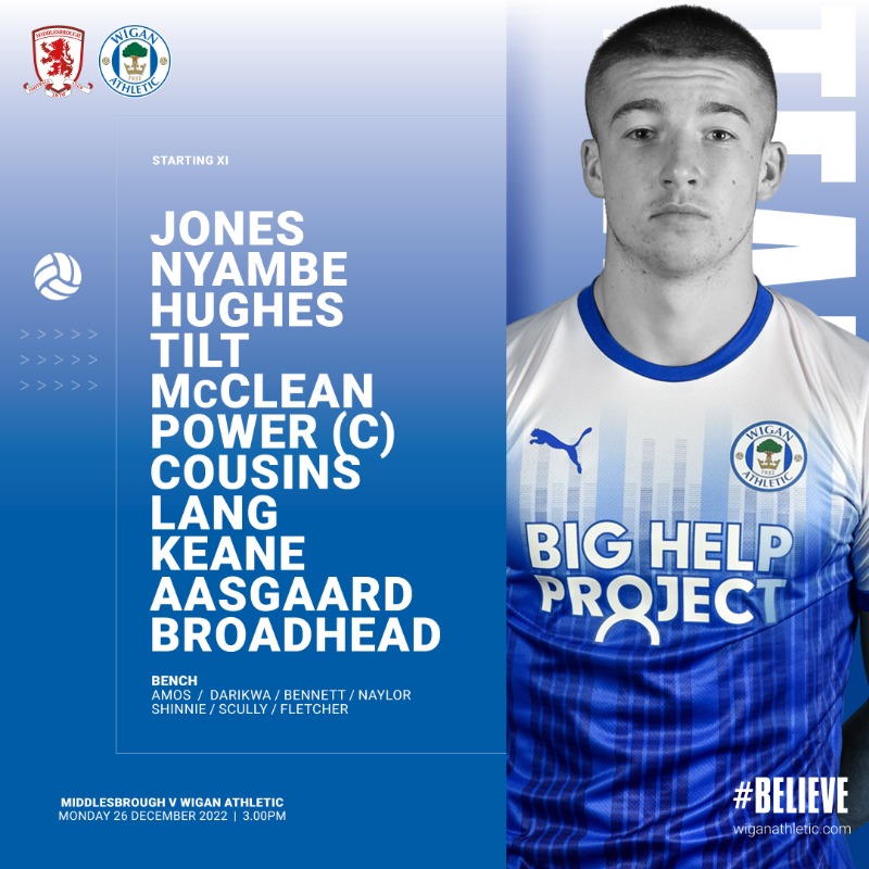 LaticsOfficial's tweet photo. 📋 Latics have named their side to take on Middlesbrough this afternoon...

🔹 Four changes from last outing against Sheffield United
🔹 Nyambe, Cousins and Aasgaard return to the starting line-up
🔹 Charlie Hughes to make professional debut

#wafc 🔵⚪️ #BELIEVE