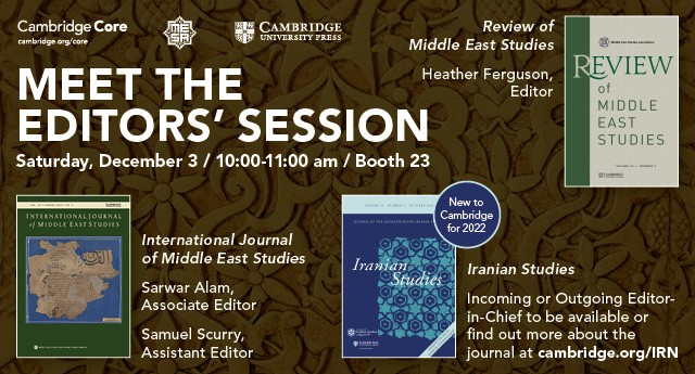 AcademicCup's tweet photo. Good  day lovely #MESA2022 folks! Meet the editors of the International Journal of Middle East Studies, Review of Middle East Studies, and Iranian Studies, ask questions and get them answered on the spot. While you're  at it, enjoy coffee/tea and nibbles on us. See you soon  23! https://t.co/ugnpyDwJFs