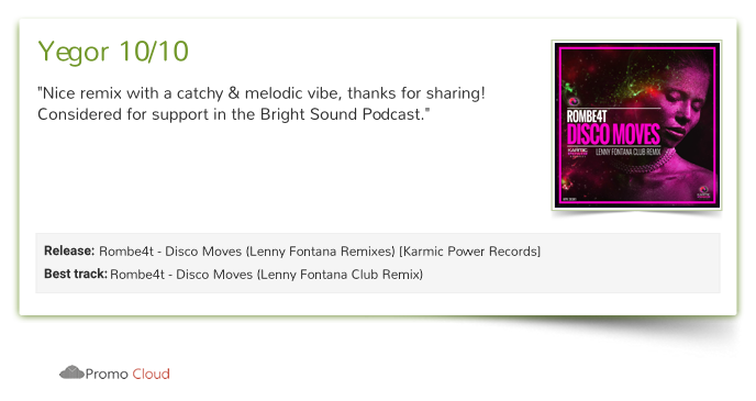KarmicPowerRec's tweet photo. Yegor reviewed @Rombe4T - Disco Moves (@lennyfontana Mix). 10/10 #Rombe4t #DiscoMoves #LennyFontana #Remix #NewRele https://t.co/SAdNfzfyvf