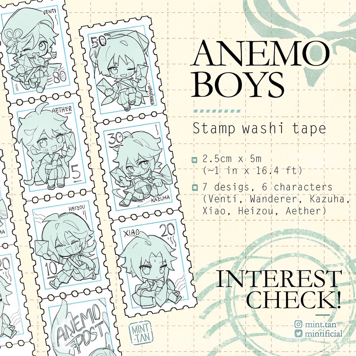 [ Interest check ]
🌟Anemo boys postmen - Stamp washi tape!!

Since stamp washi has high minimum  production qty, your responses will help decide whether these will be produced 🙇‍♀️

Li//nk to interest check in thread ⬇️ 