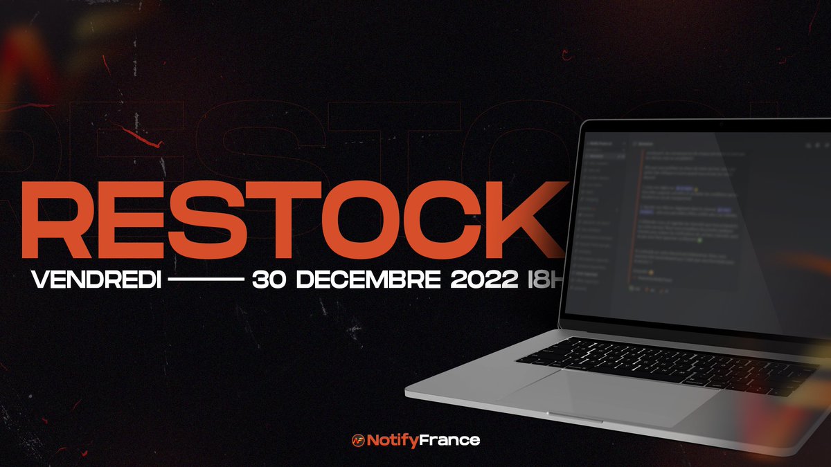 ⚡️Restock Notify France 
Pour bien commencer l'année 2023...

Rendez-vous le vendredi 30 décembre à 18 heures pour tenter de nous rejoindre.🚨

Pour l'occasion, nous mettons en jeu une clef gratuite pour accéder au groupe🔑
RT 🔁+ Like ❤️ pour participer

TAS : 05/01/23