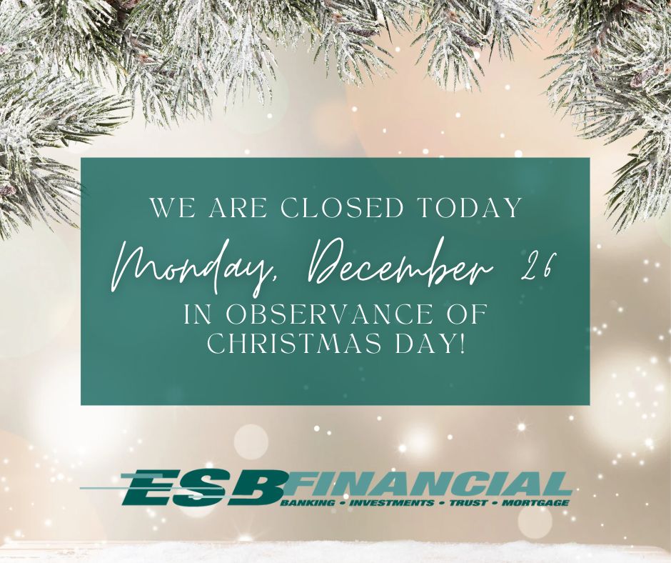 FinancialEsb's tweet photo. ESB is closed today in observance of Christmas Day. We will reopen with our regular hours tomorrow. Enjoy your day and be safe! #esbfinancial #manhattanks https://t.co/sPREUgKTU3