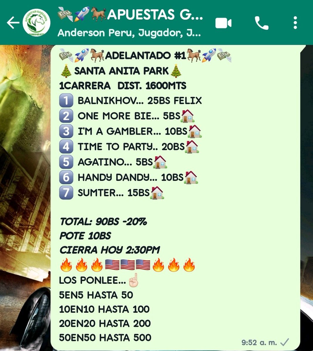 apuestasgael's tweet photo. Buenos días saliendo los rematicos para #SantaAnitaPark 🔥🔥🔥 juega y cobra al rompe Con nuestro grupo @apuestasgael100 comunícate:
📱+584129089006
📱+584129089006
@MARCASGAEL @marrpacheco @PuertaAbierta_ @JoseRujano1801 @a_hipismo @Gatojacker1 @GonzaloSangron5 https://t.co/Ey3ESvdWt7