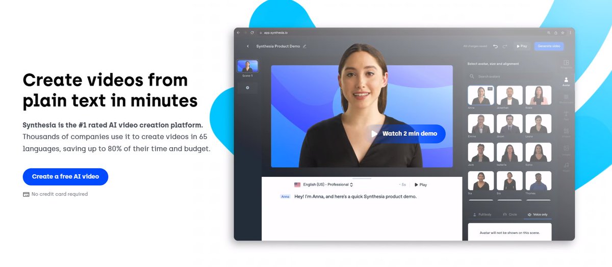 Synthesia Web-based video creation tool featuring AI avatars and voices. Simple, straightforward, and no prior experience of video creation is needed. Make professional videos in over 60 languages. synthesia.io