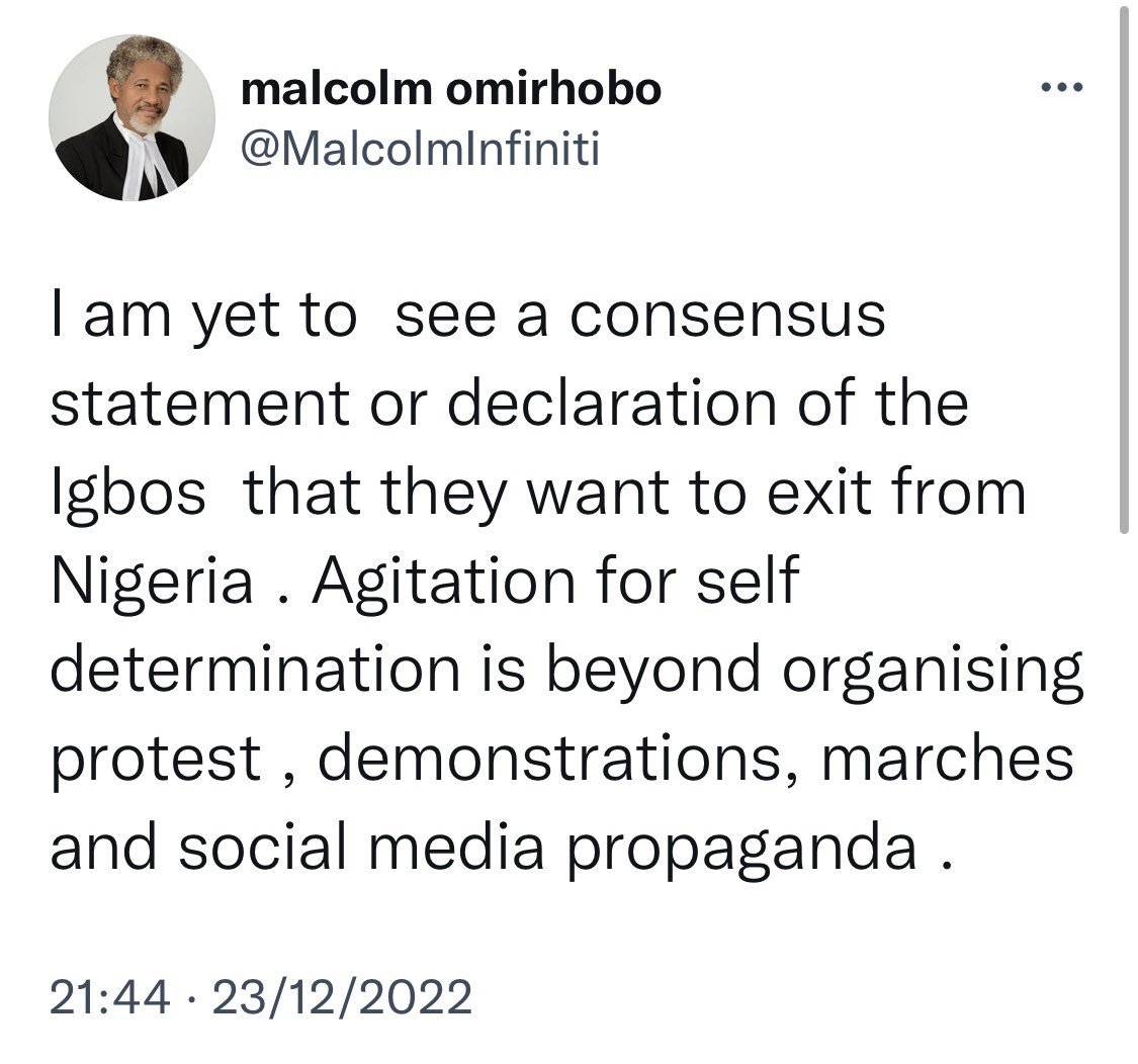 ihechimdere's tweet photo. This is a tweet from this clown and I’m asking him to;

Show me a consensus agreement pre 1960 of Nigerians agreeing for independence.

A CONSENSUS agreement of South Africans demanding for an end to Apartheid. 

A CONSENSUS agreement of the Scottish agreeing to leave the UK. https://t.co/3OhgzkqVWO