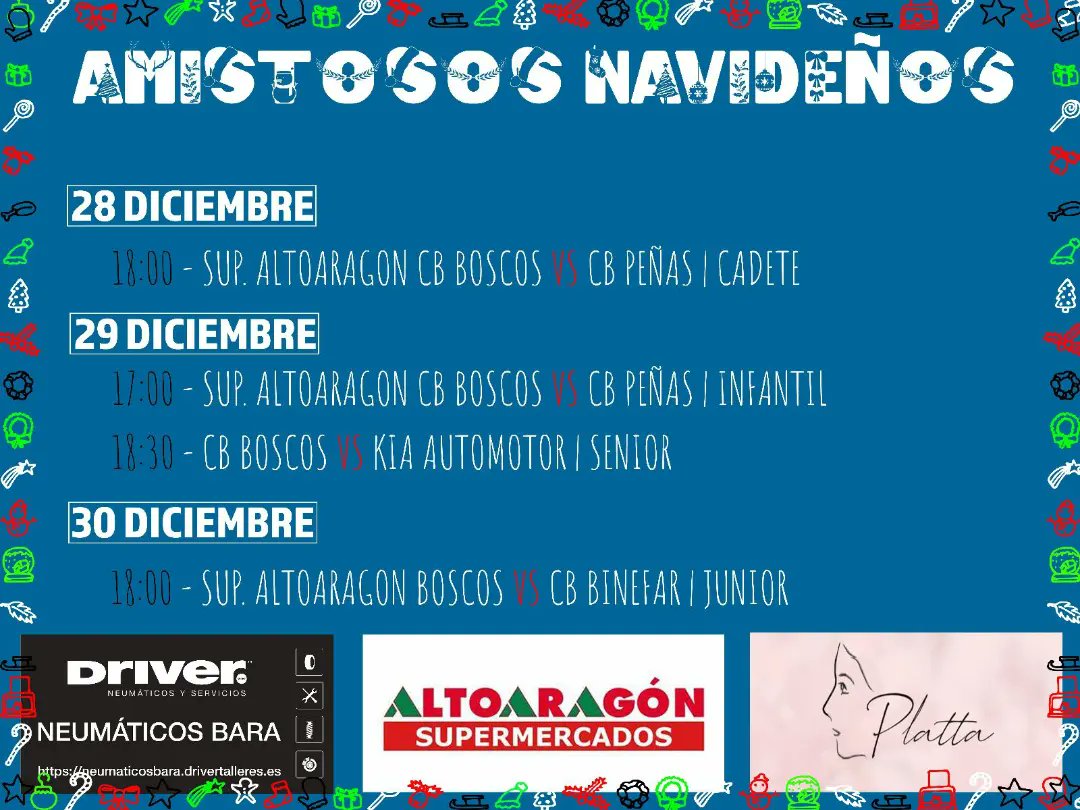¿Cómo van las navidades? 🎄🎅
Para hacerlas más entretenidas desde el club hemos organizado unos partidos amistos. Recibiremos la visita del <a href="/CBPHuesca/">C.B. Peñas Huesca</a> <a href="/UBBARBASTRO/">Union Basket Barbastro</a> y del <a href="/baloncestobinef/">Baloncesto Binéfar</a>
Todos los partidos serán en el Pab. Don Bosco, animaros a venir y animar.