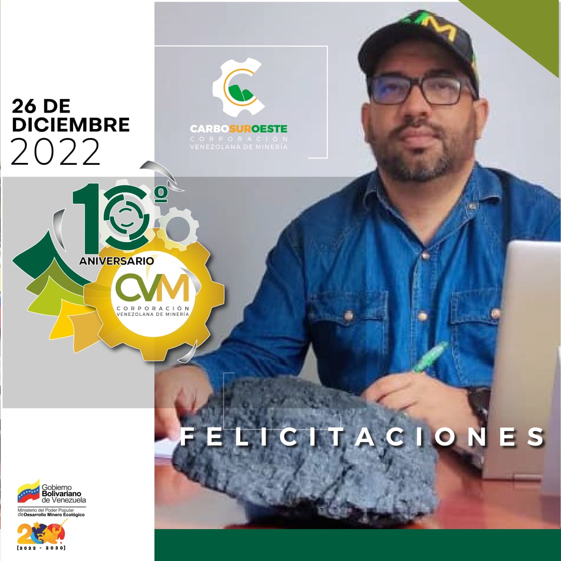 #SomosCVM|| #26Dic Los trabajadores (as) de  <a href="/carbosuroeste/">Carbosuroeste</a> y <a href="/fosfasuroeste/">Fosfasuroeste</a> en voz de su Pdte. Alexander Astudillo, felicitamos a nuestra empresa matriz <a href="/cvm/">zoheir</a>.venezuela en ocasión de su #10AniversarioCVM haciendo de la minería la nueva alternativa económica del país.