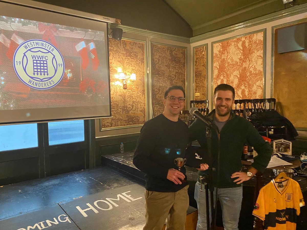 WestminsterWFC's tweet photo. And the WWFC Christmas Quiz saw the club thank and bid farewell to @squidnufc - off on his travels. @PhilScullion spoke about a tremendous player, great clubman, club tourist, motivator and sometime Assistant Manager of WWFC Reserves, abbreviated to ‘Assistant to the Manager! https://t.co/iKvf5a8l5L