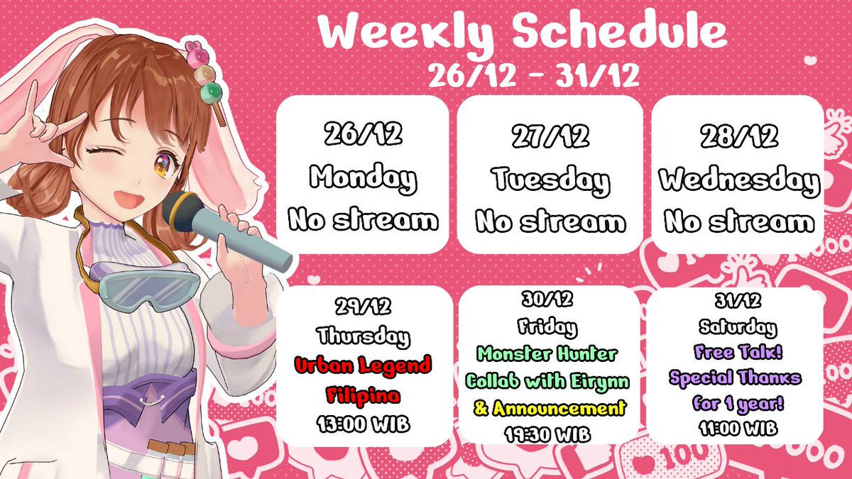 MaiAKAVirtual's tweet photo. 🍡Weekly Schedule🍡
26/12 - 31/12
Important announcement on Friday!
🍡#MaiDaily ー General
🎏#MaiLiveStream ー Livestream
🎨#ShowMaiArt ー Fanart
🐰#MaiNichi ー Fan name
🤡#MaiFun ー Memes
📽️#MaiMoments ー Clips https://t.co/NWDBKptYli