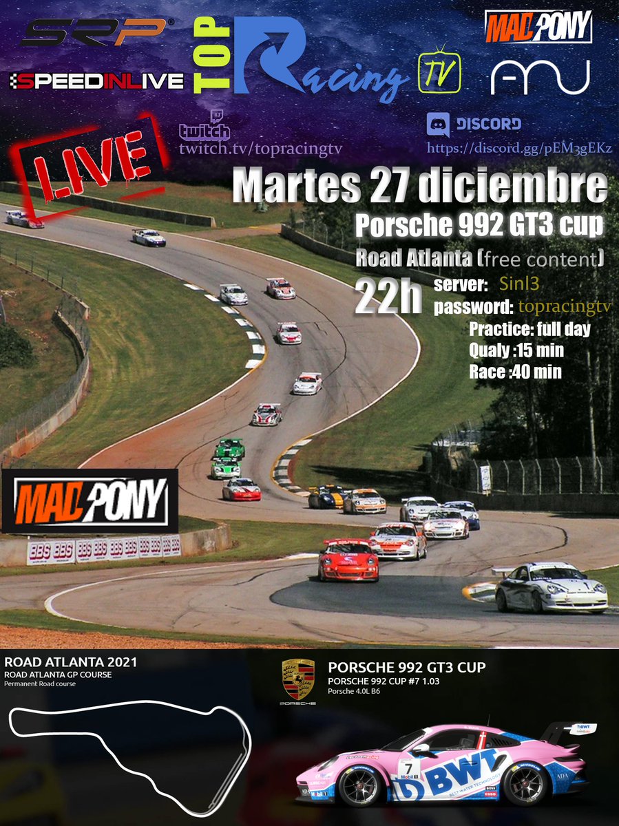 TopRacingLive's tweet photo. Mientras esperamos a que la @LFMotorsport lo incluya en la siguiente temporada.

Evento @rFactor2 en colaboración con @speedinlive 

🚗 PORSCHE 992 GT3 CUP
🗺️ Road Atlanta
🕙 martes 27 | 22h
⚙️ Fixed
💻 Server: Sinl3
🔑 Pass: topracingtv

Info discord https://t.co/8P7O5kuwcs https://t.co/WwPXZ3Bv0a