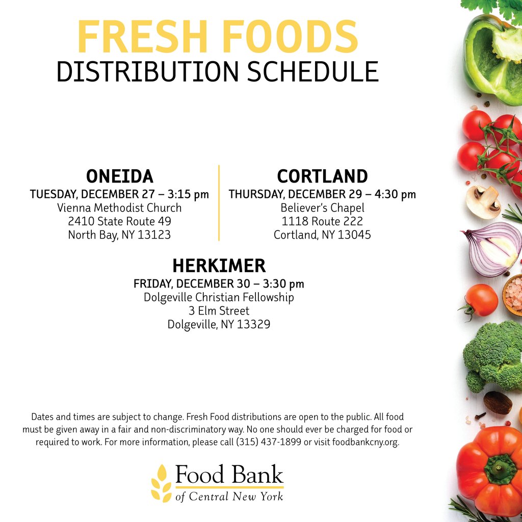 FoodBankofCNY's tweet photo. Need fresh foods at no cost? We're here to help!

🚛: Our Mobile Food Pantry will be in #Preble, #Syracuse, and #Camden

🍎: Food Bank partner agencies are hosting distributions in #NorthBay, #Cortland, and #Dolgeville

Find more resources near you at https://t.co/vZGHeanRyO. https://t.co/g9zlU0WtAU