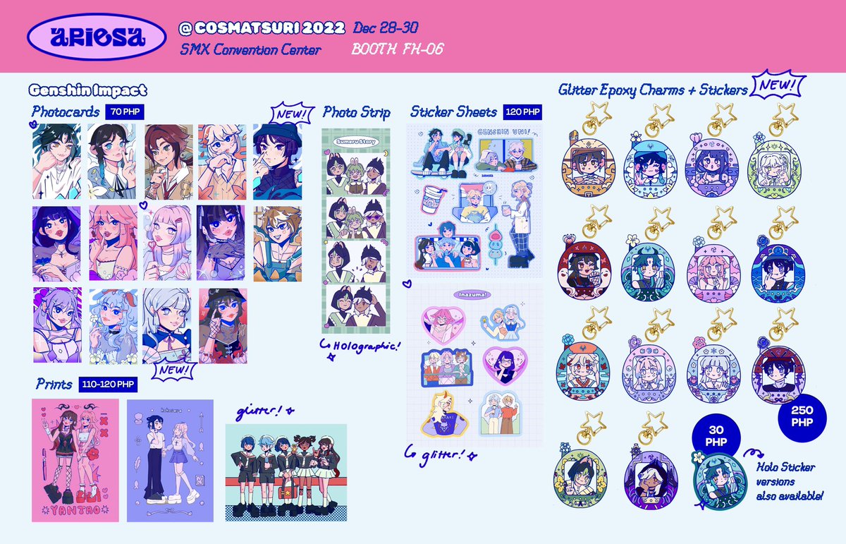 my merch catalogue for cosmatsu this dec 28-30!! 🤩 come see me at FH-06! 💖

#CosplayMatsuri2022
#CosmatsuriFanFair2022 