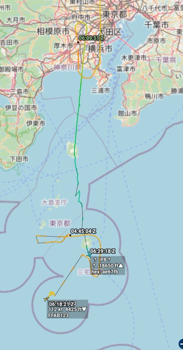 Oceanworldfree's tweet photo. Earlier today utc
🇺🇲USN HSM-78 FFAB133 168538 #AE4FDE
🇺🇲USN #AE67FB
#Kōzushima #神津島村
#Miyakejima #三宅島
Sikorsky MH-60R
Boeing P-8A Poseidin https://t.co/QOUuOZTkcv