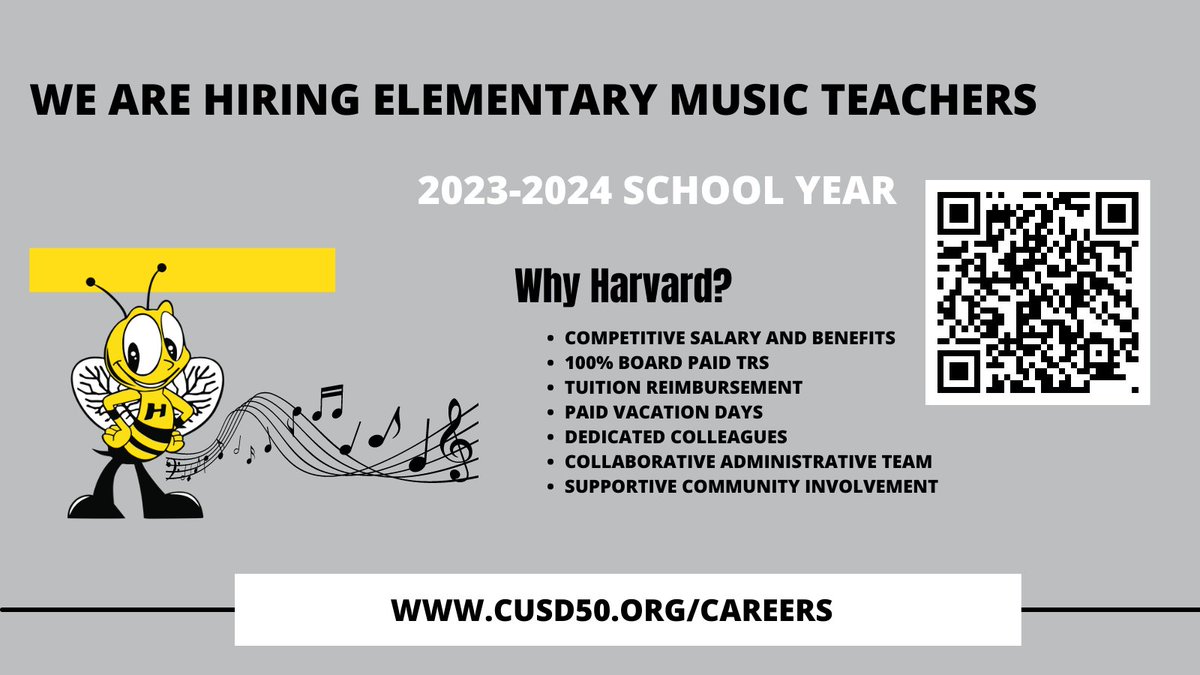 Harvard CUSD 50 Careers (@harvard50career) on Twitter photo Calling all Music Teachers! Crosby Elementary School is seeking two Music Teachers for the 23-24 school year to enrich our Kinder through 3rd grade students musical minds! <a href="/HarvardD50/">Harvard CUSD 50</a> offers competitive salary & benefits. #HarvardRising
Apply Here:
cusd50.tedk12.com/hire/ViewJob.a… Calling all Music Teachers! Crosby Elementary School is seeking two Music Teachers for the 23-24 school year to enrich our Kinder through 3rd grade students musical minds! <a href="/HarvardD50/">Harvard CUSD 50</a> offers competitive salary & benefits. #HarvardRising
Apply Here:
cusd50.tedk12.com/hire/ViewJob.a…
