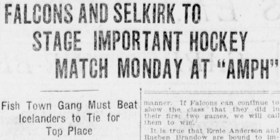 WpgFalcons's tweet photo. #OTD in 1919 the Winnipeg Tribune advertised the upcoming tilt between Selkirk and the Falcons as one of the most important of the season. "Fish town gang must beat Icelanders to tie for top place." #hockey @MBHHOF https://t.co/F6j8SqgYat