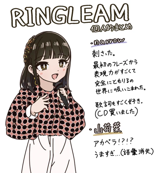 RINGLEAMの簡単ですがレポ絵を…!
フォロワーがともりるを推してる理由がよ〜くわかった!!!
narrowほんと好きです
 #tomori_RINGLEAM 
