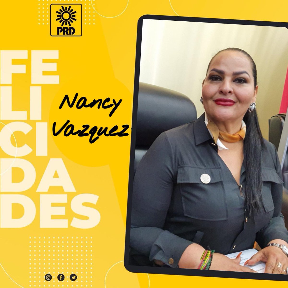 DurangoPrd's tweet photo. 🟡 Le deseamos el mejor de los cumpleaños a  nuestra amiga y compañera @NancyVzquezLun1 Alcaldesa del municipio de Nombre de Dios, Dgo. 

A nombre de la Dirección Estatal Ejecutiva del PRD y toda la militancia le enviamos un un cordial y afectuoso abrazo. 🤝🏽🎉 https://t.co/T3AcUnqEvI
