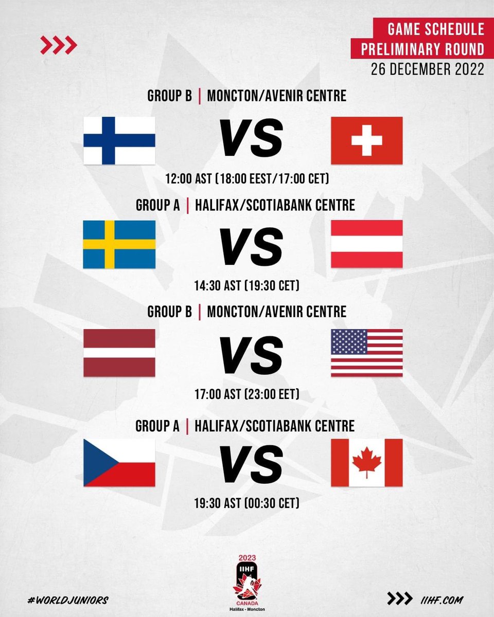 It’s finally #WorldJuniors game day!  
🇫🇮<a href="/leijonat/">Leijonat.fi</a> and 🇨🇭 <a href="/SwissIceHockey/">Swiss Ice Hockey</a> kick things off in Moncton, followed by @trekronorse vs @hockeyaustria in Halifax.

📺 Find your local broadcasters: iihf.com/en/events/2023…