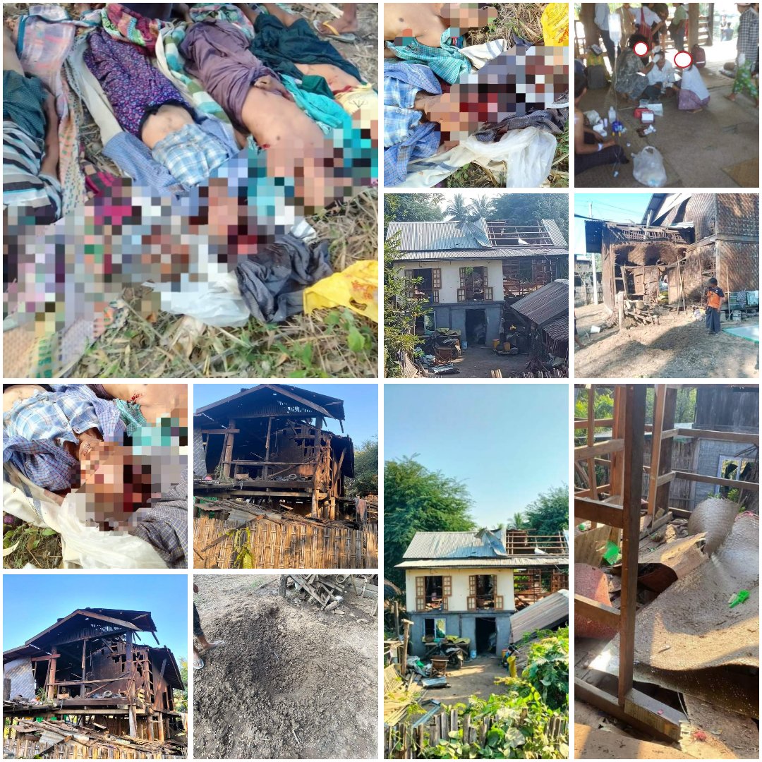 MilitaryCouncil bombed Nyaungkan village,#Saw Township,#Magway region with a jet fighter at 2Pm on Dec26,killed 3 innocent men  &amp; a woman,7 men and a women were injured.
At least 3 homes were damaged &amp; it is reported the villagers are also fleeing to safety.#CrimesAgainstHumanity